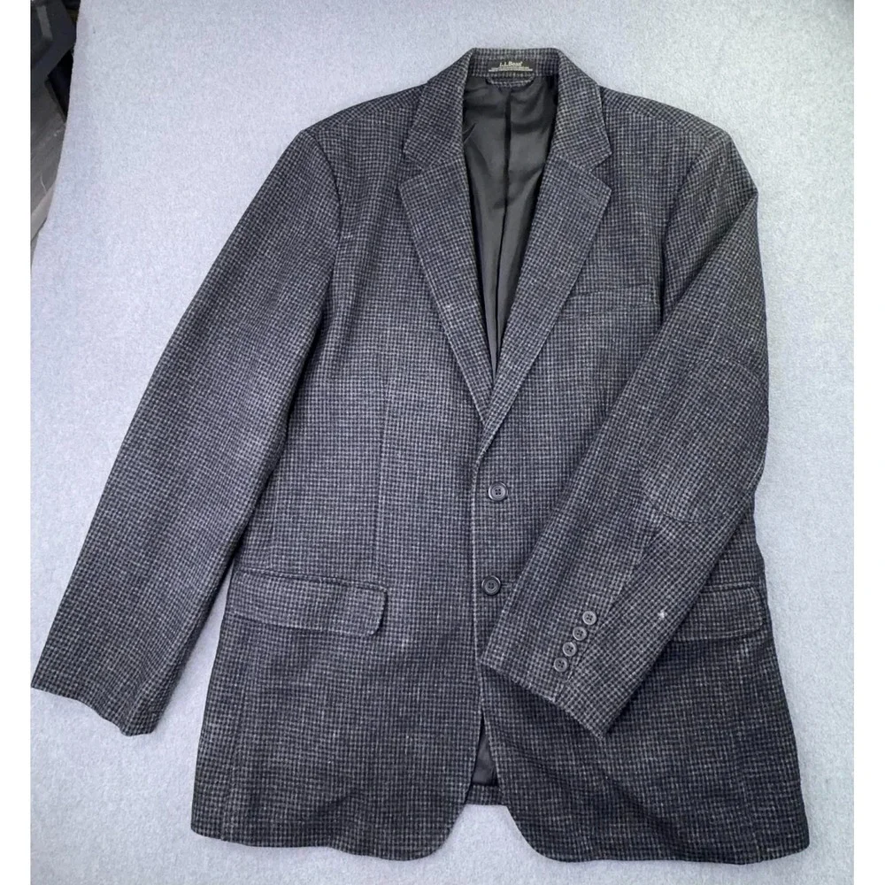 L.L‎ Bean Wool Sport Coat Men's 44 Tall Black Houndstooth Jacket Utility Pockets
